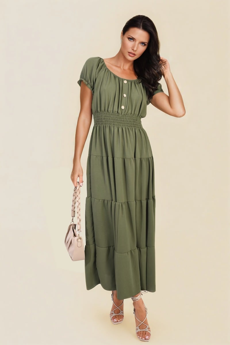 Smocked Waist Tiered Midi Dress-6