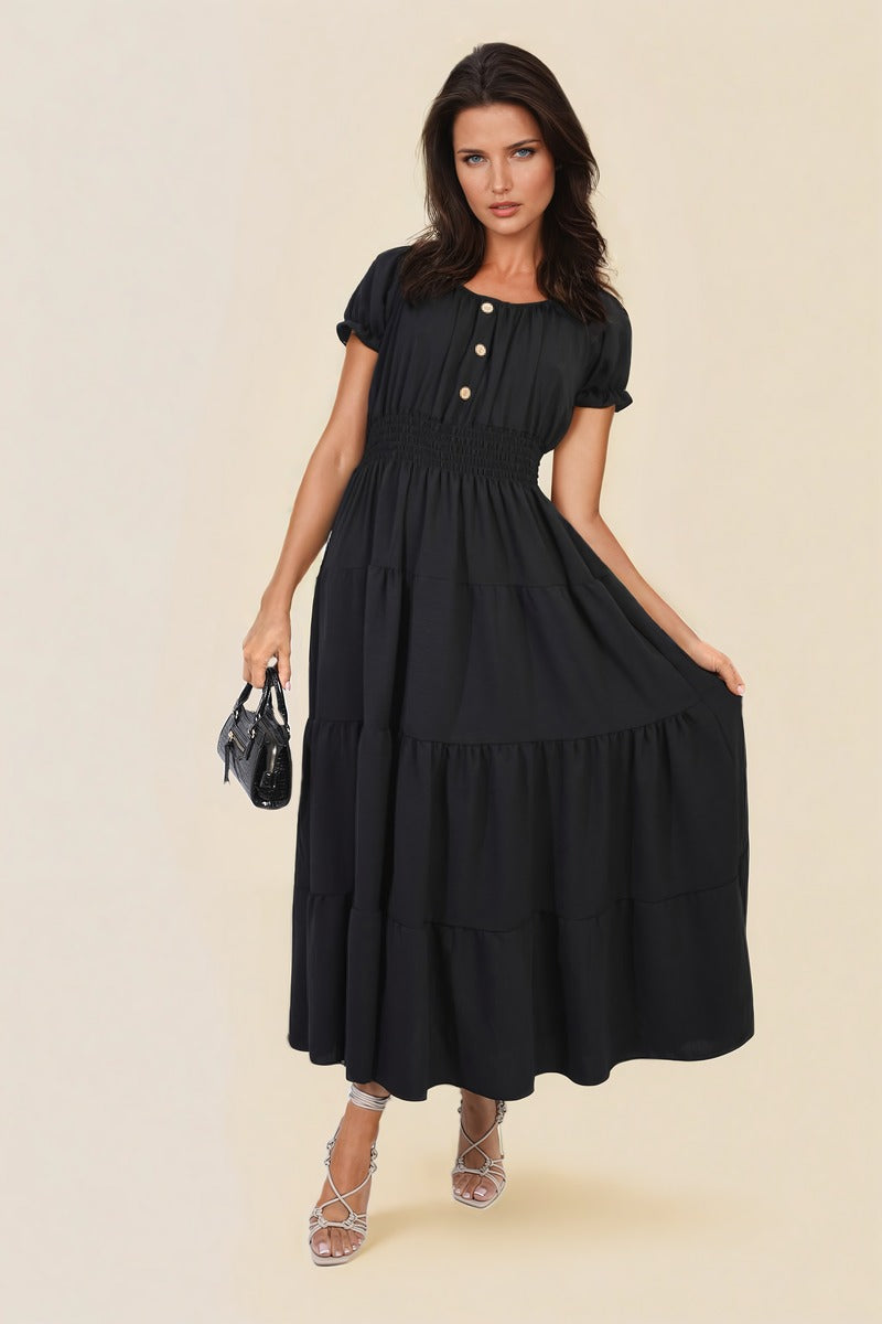 Smocked Waist Tiered Midi Dress-4