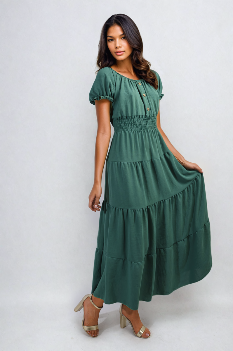 Smocked Waist Tiered Midi Dress-2