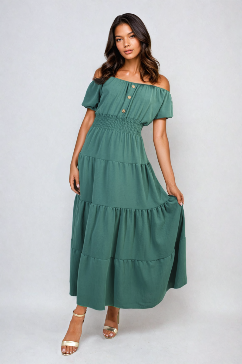 Smocked Waist Tiered Midi Dress-1