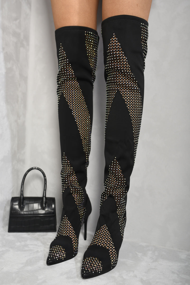 Rhinestone Mesh Knee High Boots-0