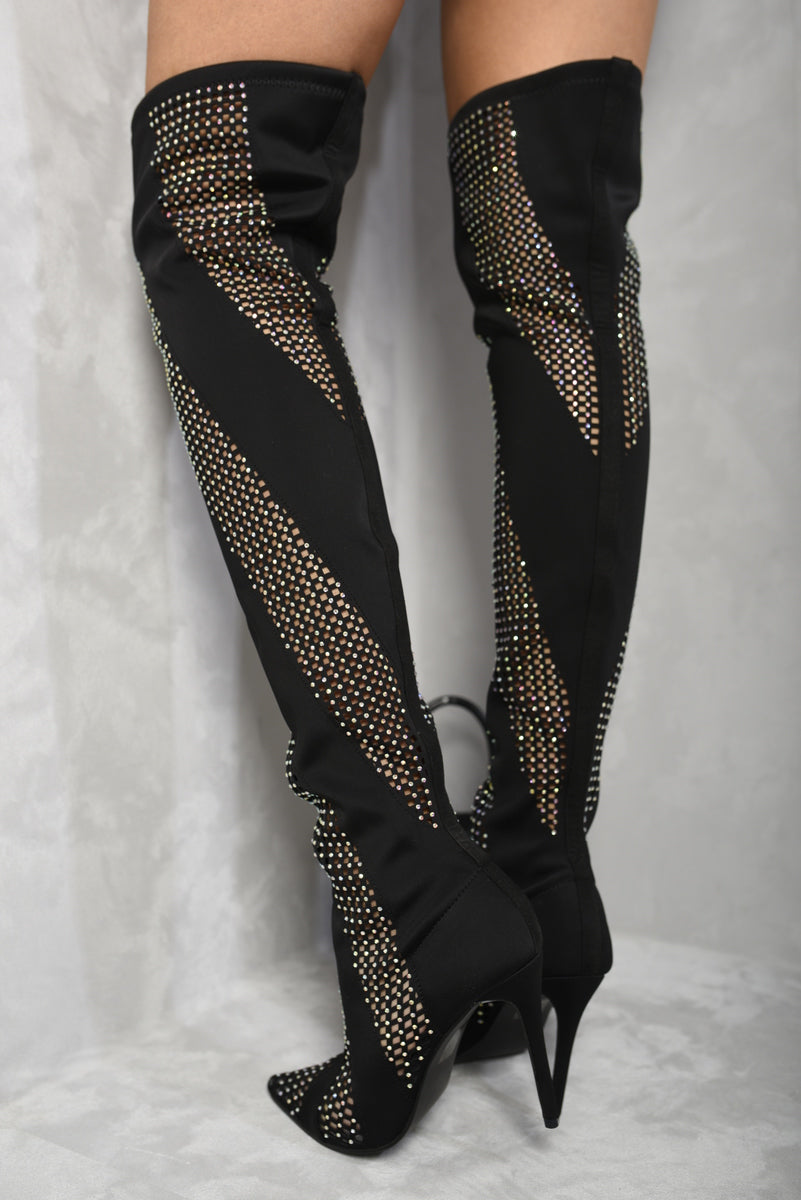 Rhinestone Mesh Knee High Boots-2