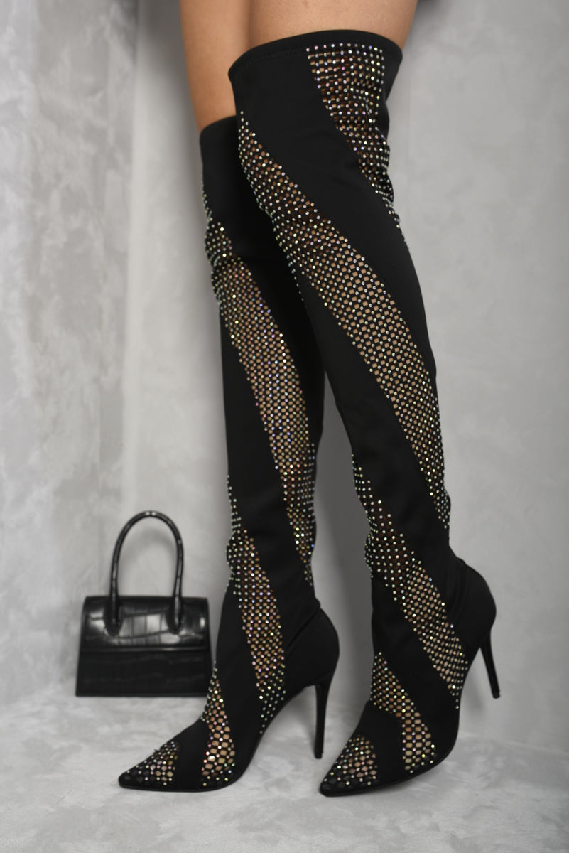 Rhinestone Mesh Knee High Boots-3