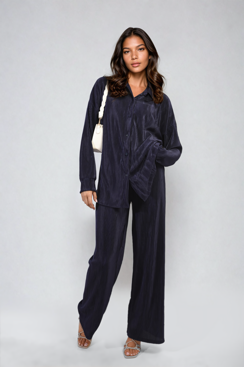 Plisse Button Front Oversized Shirt and Trouser Co-ord Set-7