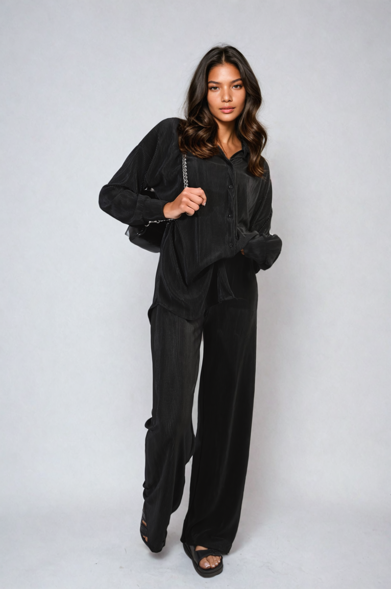 Plisse Button Front Oversized Shirt and Trouser Co-ord Set-6