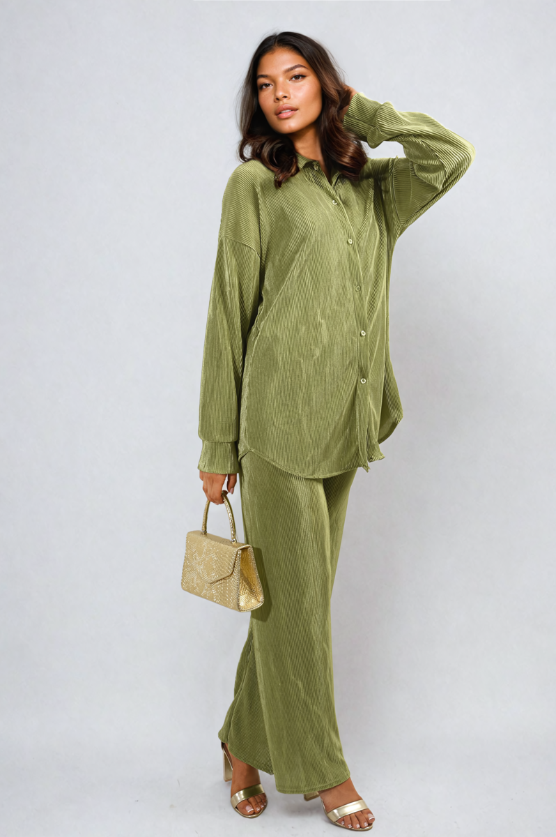 Plisse Button Front Oversized Shirt and Trouser Co-ord Set-8