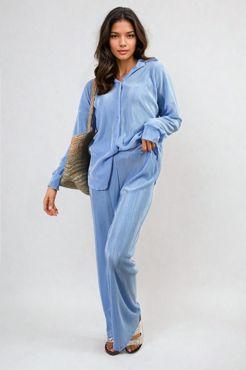 Plisse Button Front Oversized Shirt and Trouser Co-ord Set-0