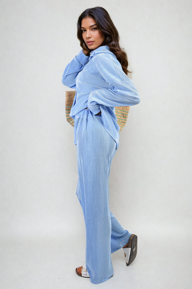 Plisse Button Front Oversized Shirt and Trouser Co-ord Set-1