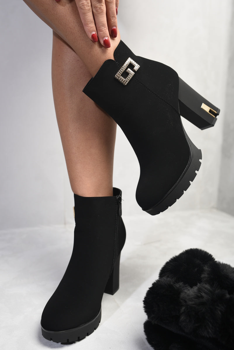 Soft Faux Suede Diamante Detail Chunky Ankle Boots-1