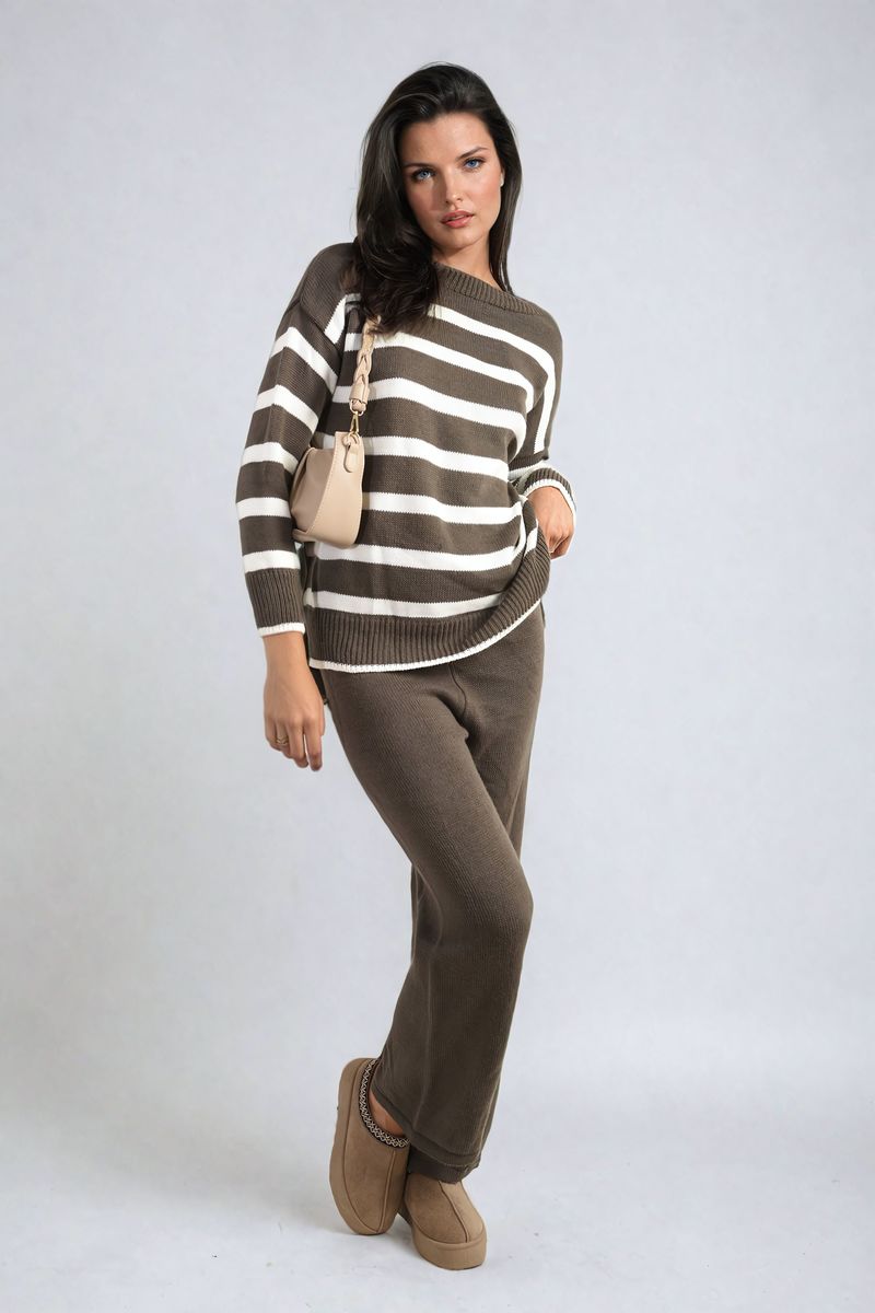 Knitted Striped Long Sleeve Top and  Pants Co-ord Set-3