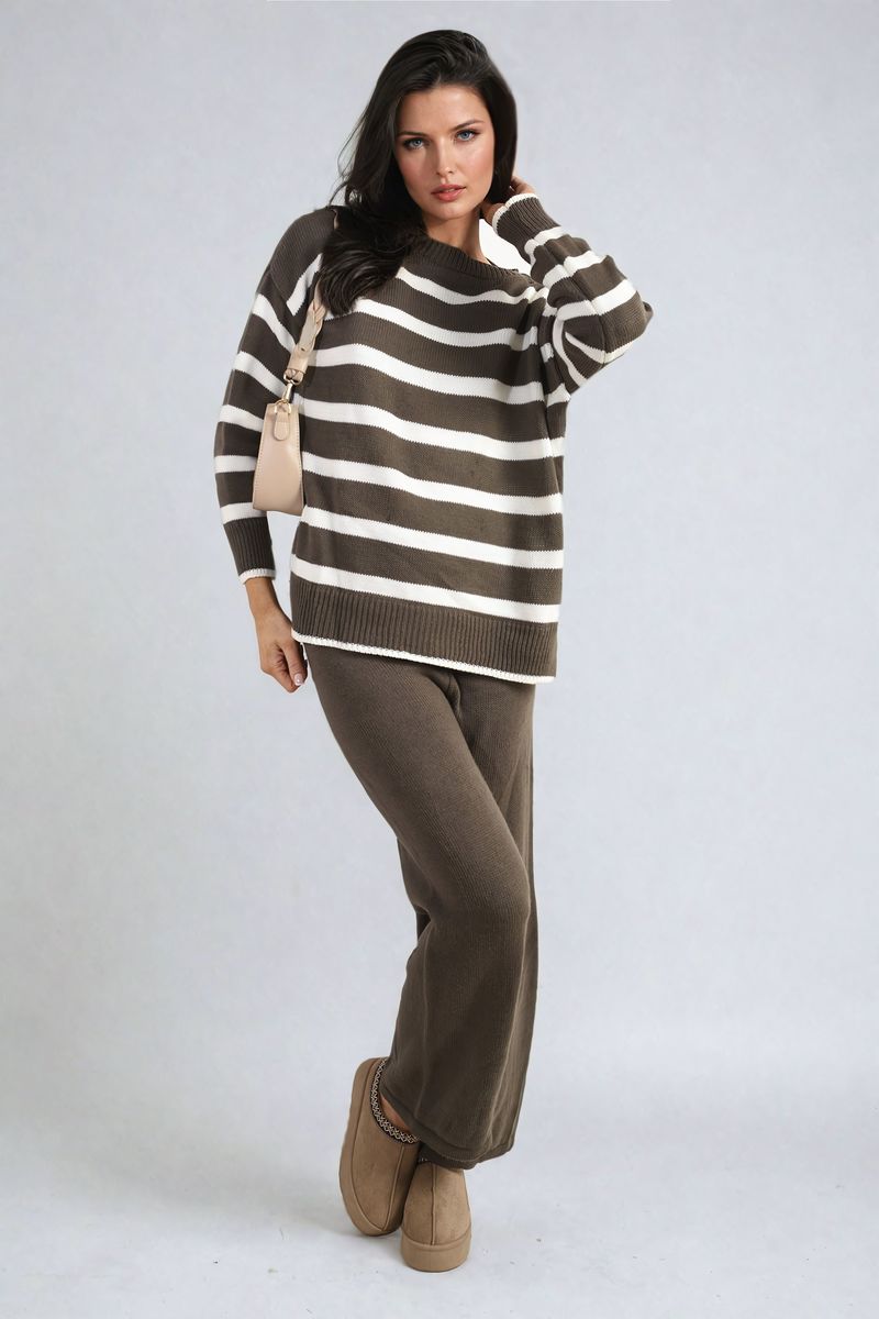 Knitted Striped Long Sleeve Top and  Pants Co-ord Set-0