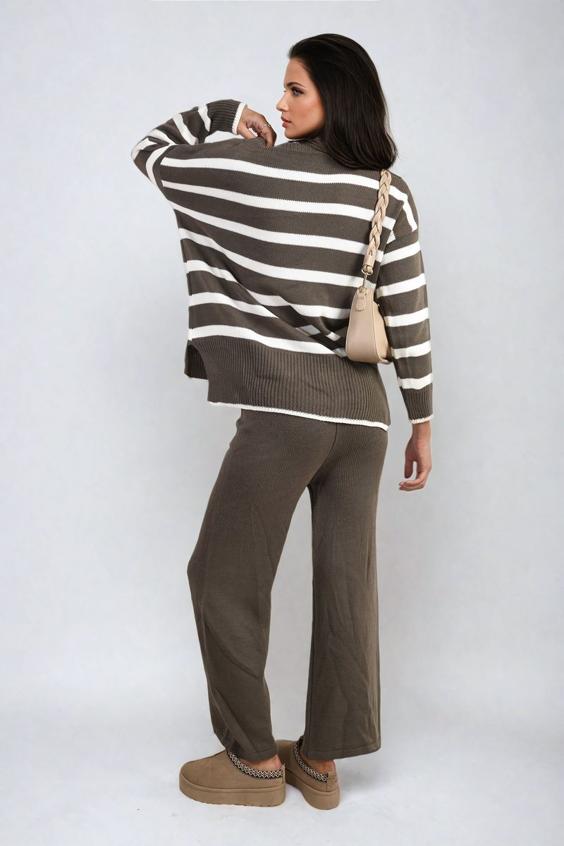 Knitted Striped Long Sleeve Top and  Pants Co-ord Set-1