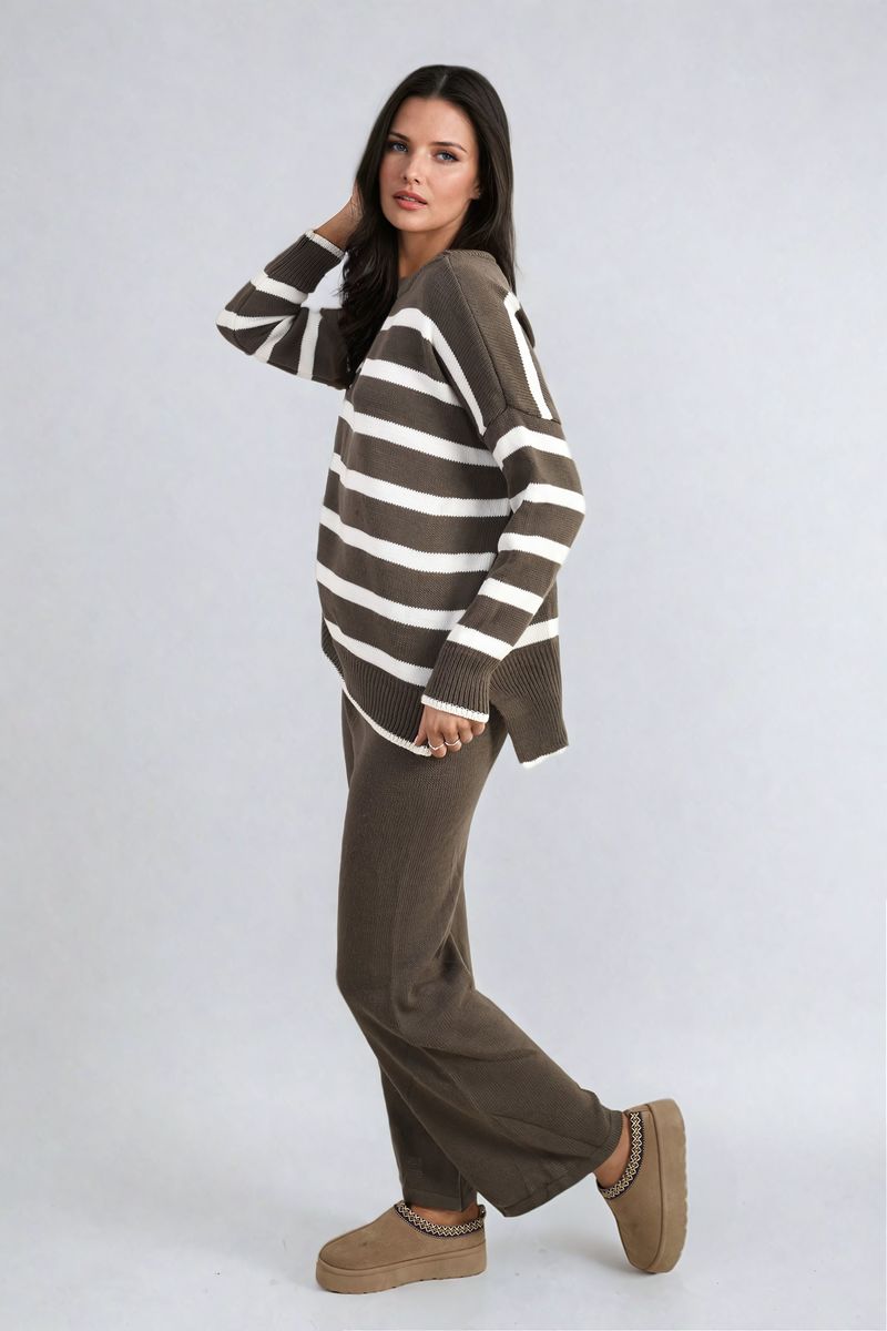 Knitted Striped Long Sleeve Top and  Pants Co-ord Set-2