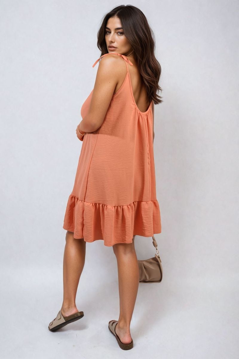 Backless Tie-up Spaghetti Strap Frill Hem Mini Dress-2