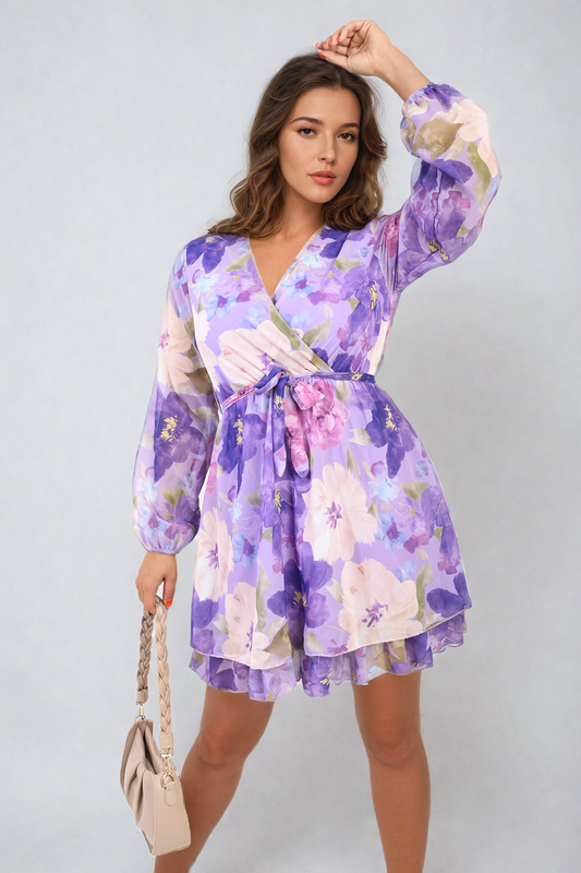 Floral Tie Front Tiered Mini Dress-0