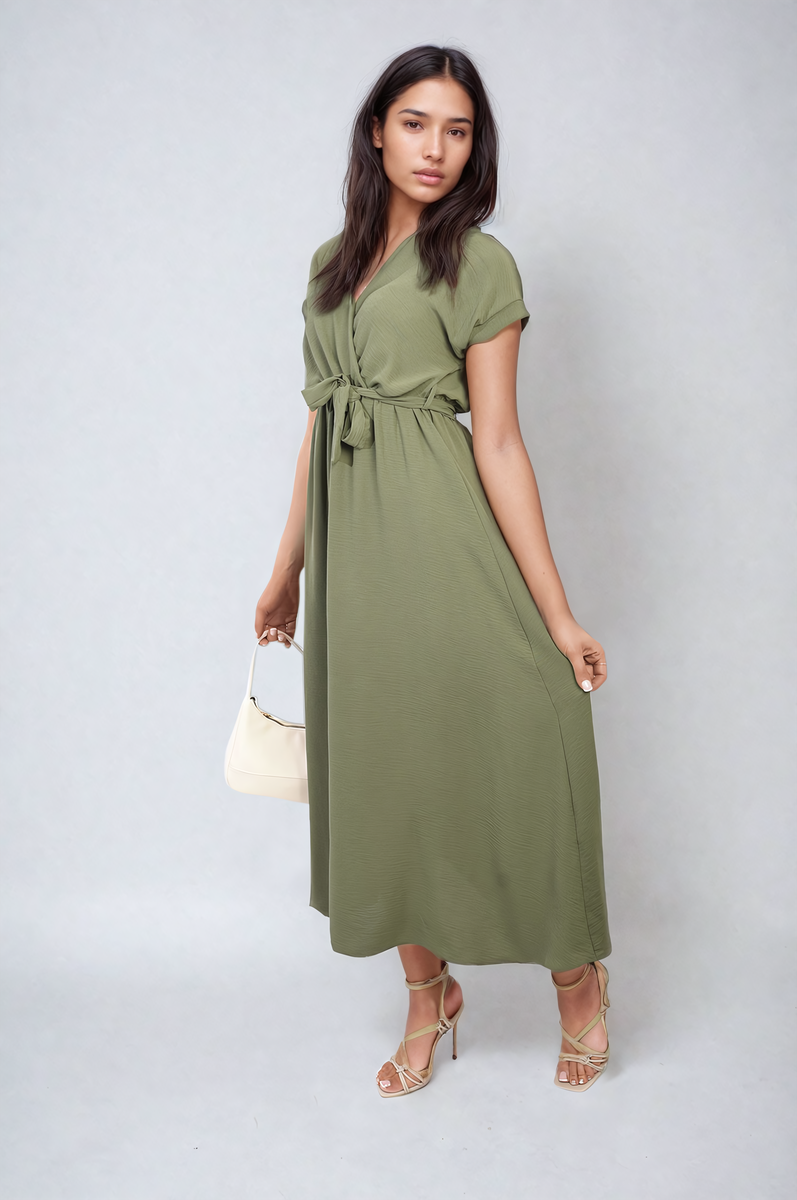 Wrap Tie Waist Short Sleeve Midi Dress-8