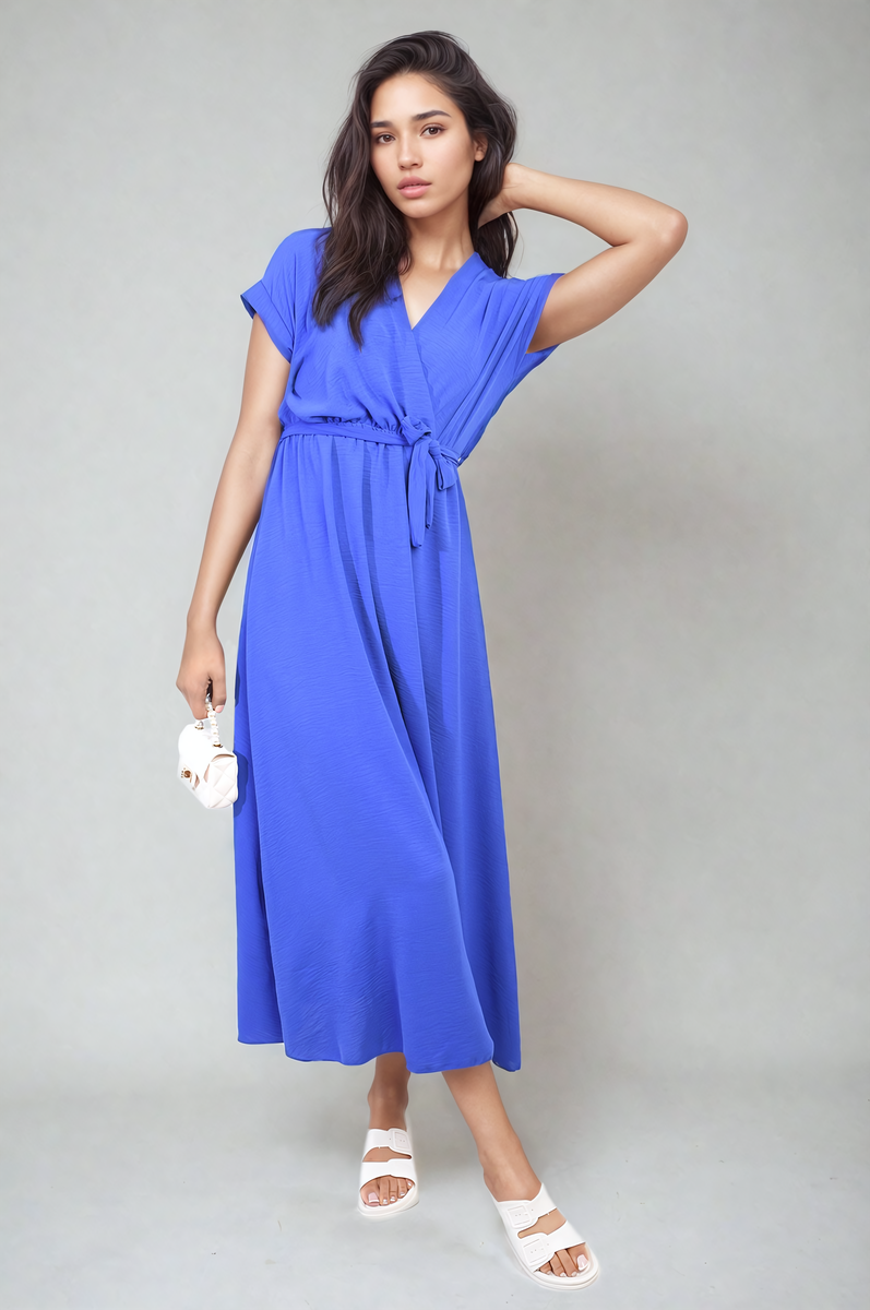 Wrap Tie Waist Short Sleeve Midi Dress-2