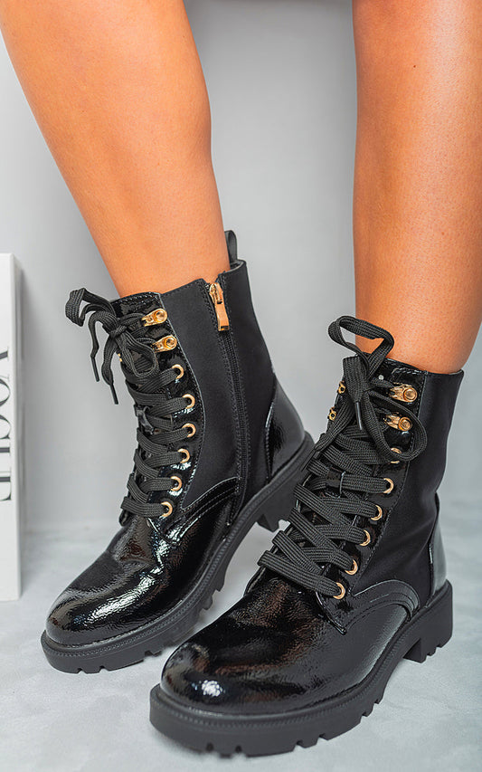 Lace Up Combat Chunky Sole Biker Ankle Boots-0