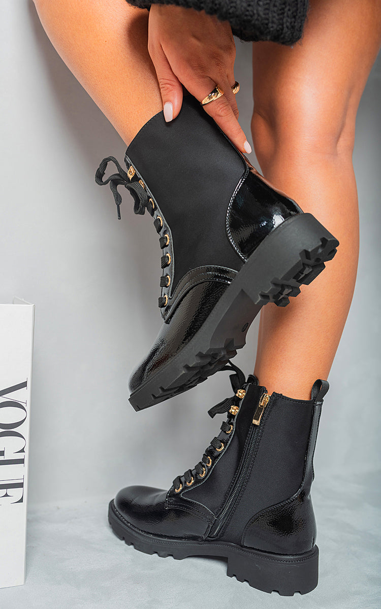 Lace Up Combat Chunky Sole Biker Ankle Boots-1