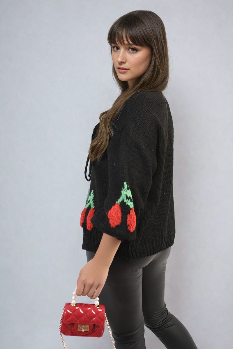 Tie Front Cherry Print Knitted Cardigan-6