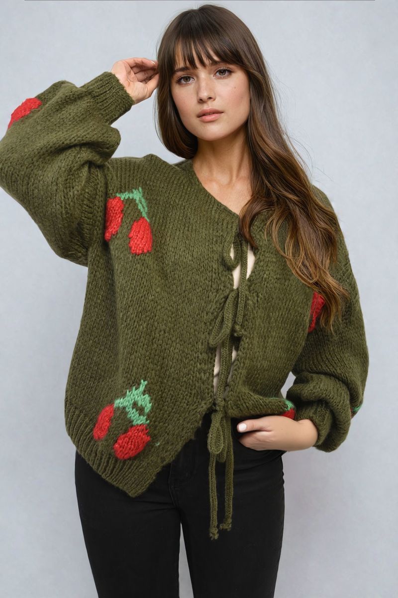 Tie Front Cherry Print Knitted Cardigan-0