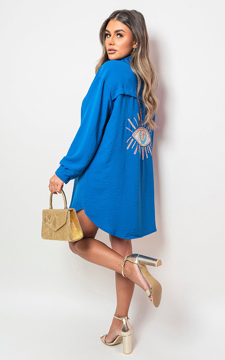 Oversized Long Sleeve Gold Sequin Eye Button Up Shirt-2