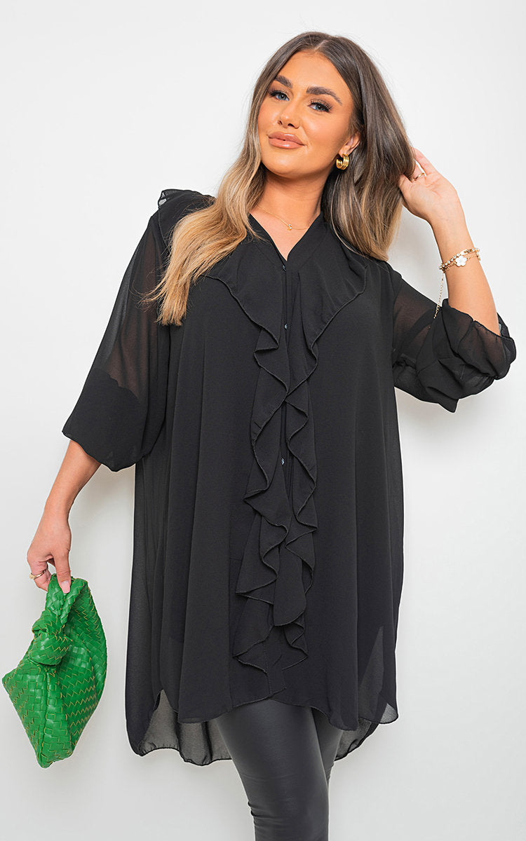 Oversized Ruffle Long Sleeve Tops-1