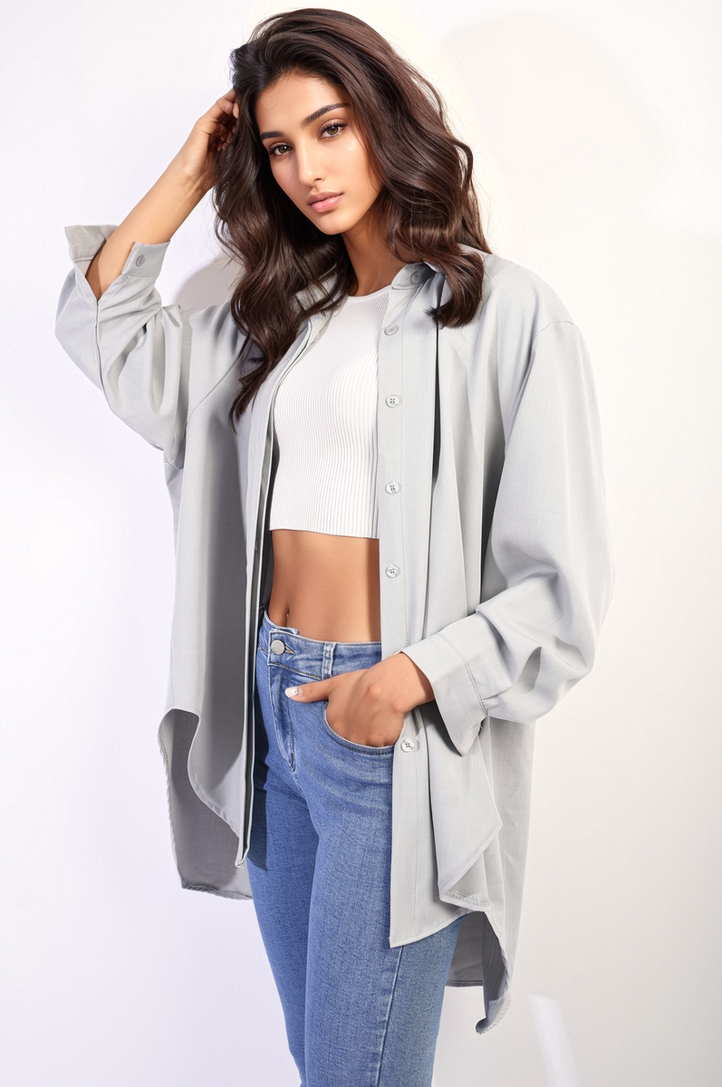 Button Up Oversized Long Back Shirt Dress-6