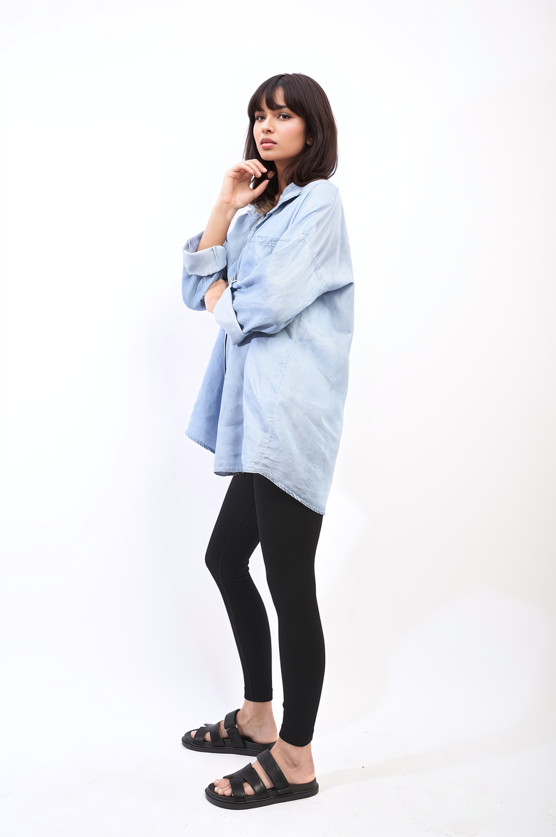 Collared Button Down Long Sleeve Loose Top with Front Pocket-1