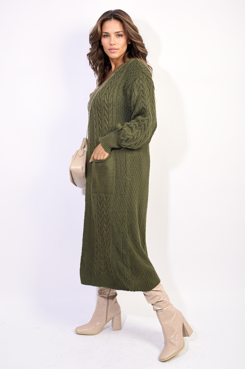 Front Open Long Knitted Cardigan with Front Pockets-0