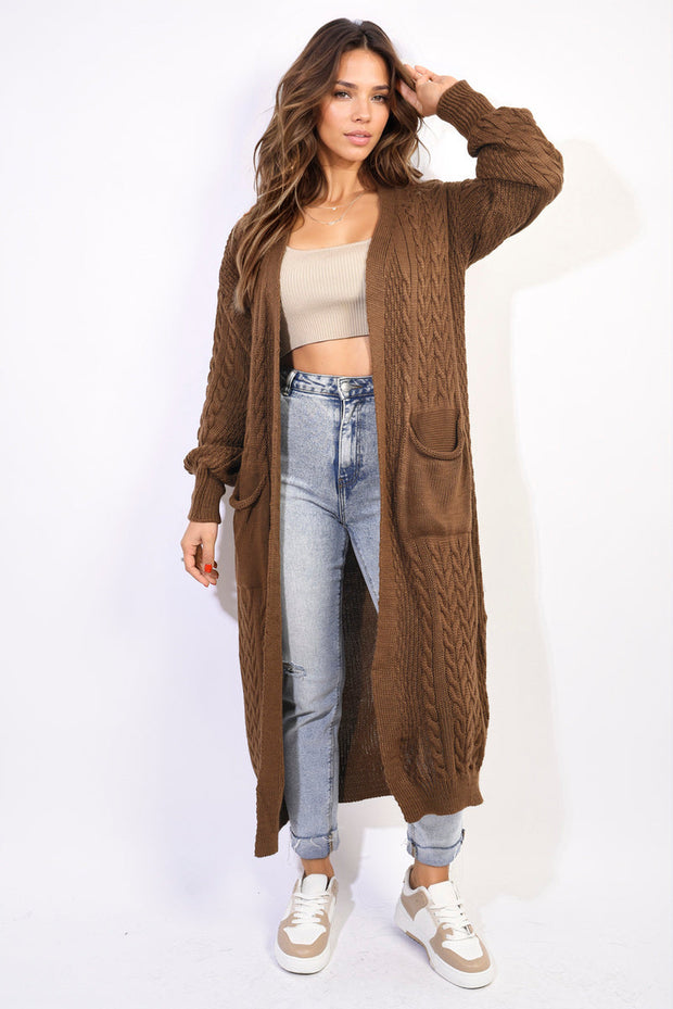 Front Open Long Knitted Cardigan with Front Pockets-5