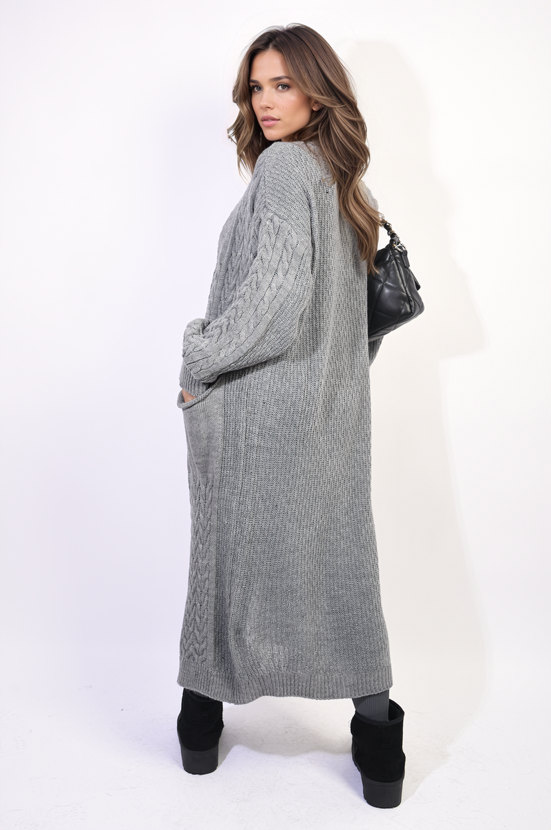 Front Open Long Knitted Cardigan with Front Pockets-2