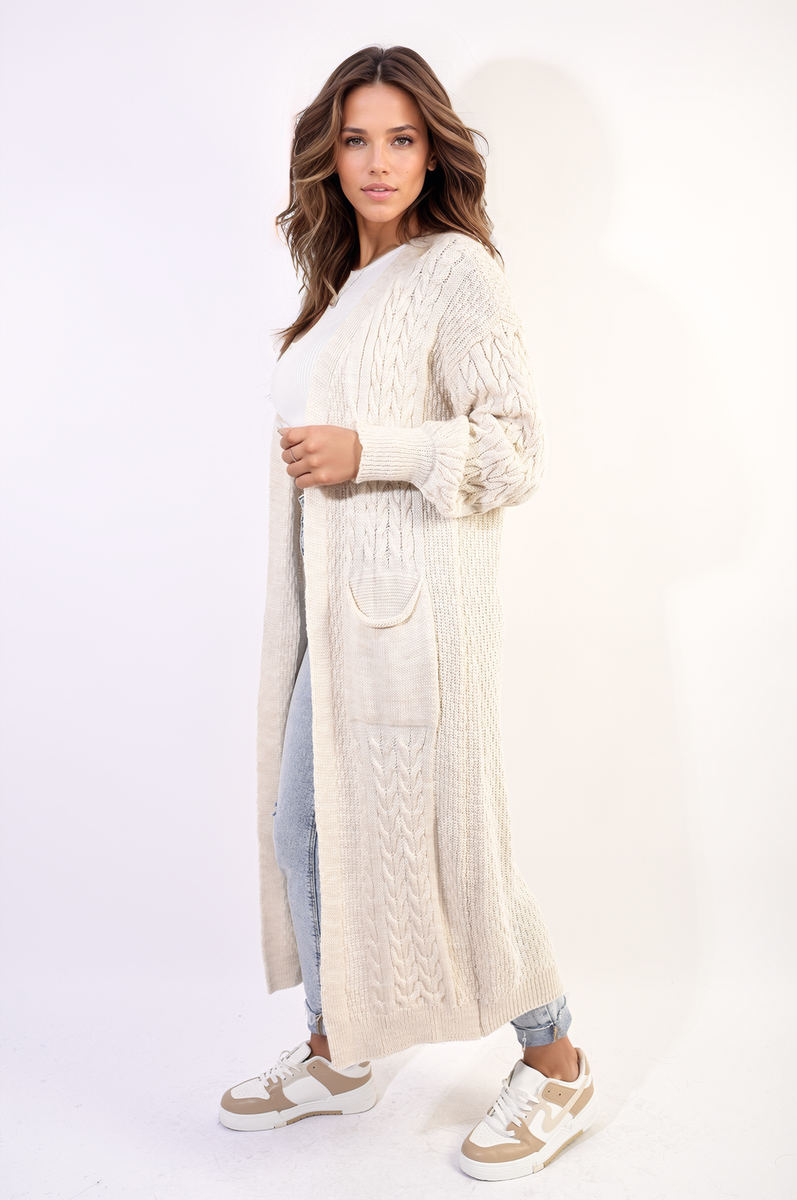 Front Open Long Knitted Cardigan with Front Pockets-9