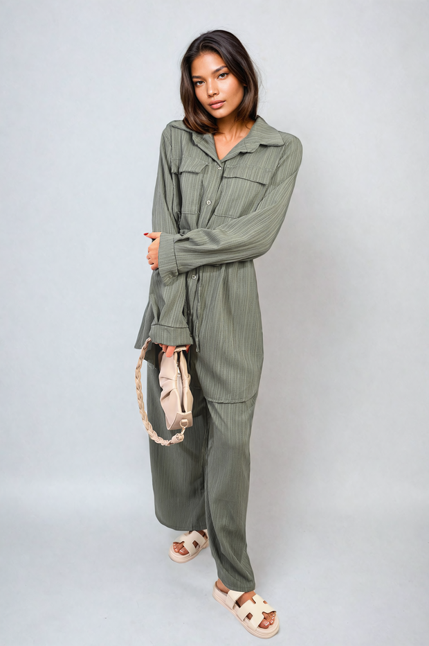 Oversized Long Sleeve Belted Button Down Top and Trouser Co-ord Set-4