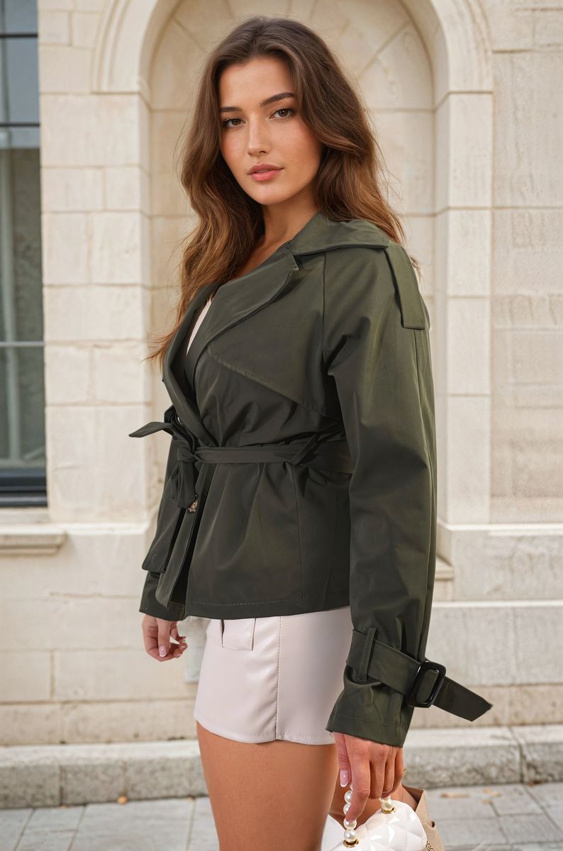 Long Sleeve Button Up Lapel Neck Trench Jacket-3