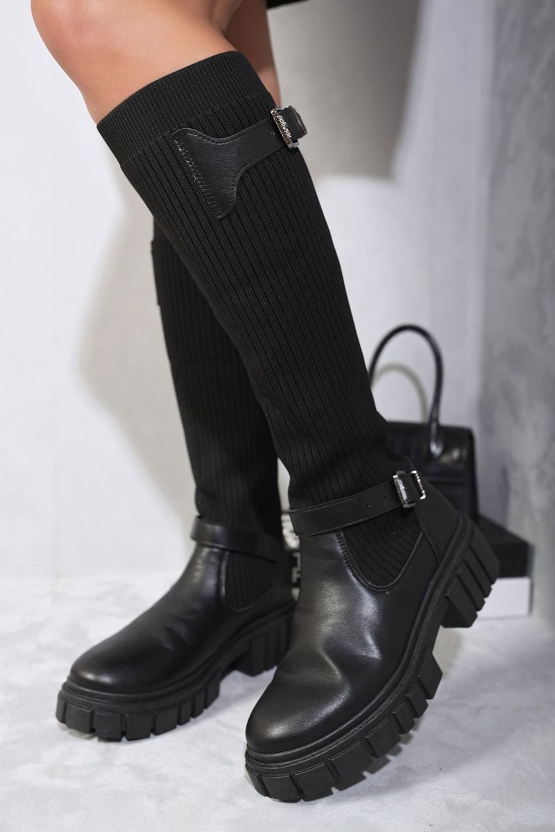 Stretch Knee High Chunky Sock Boots-3