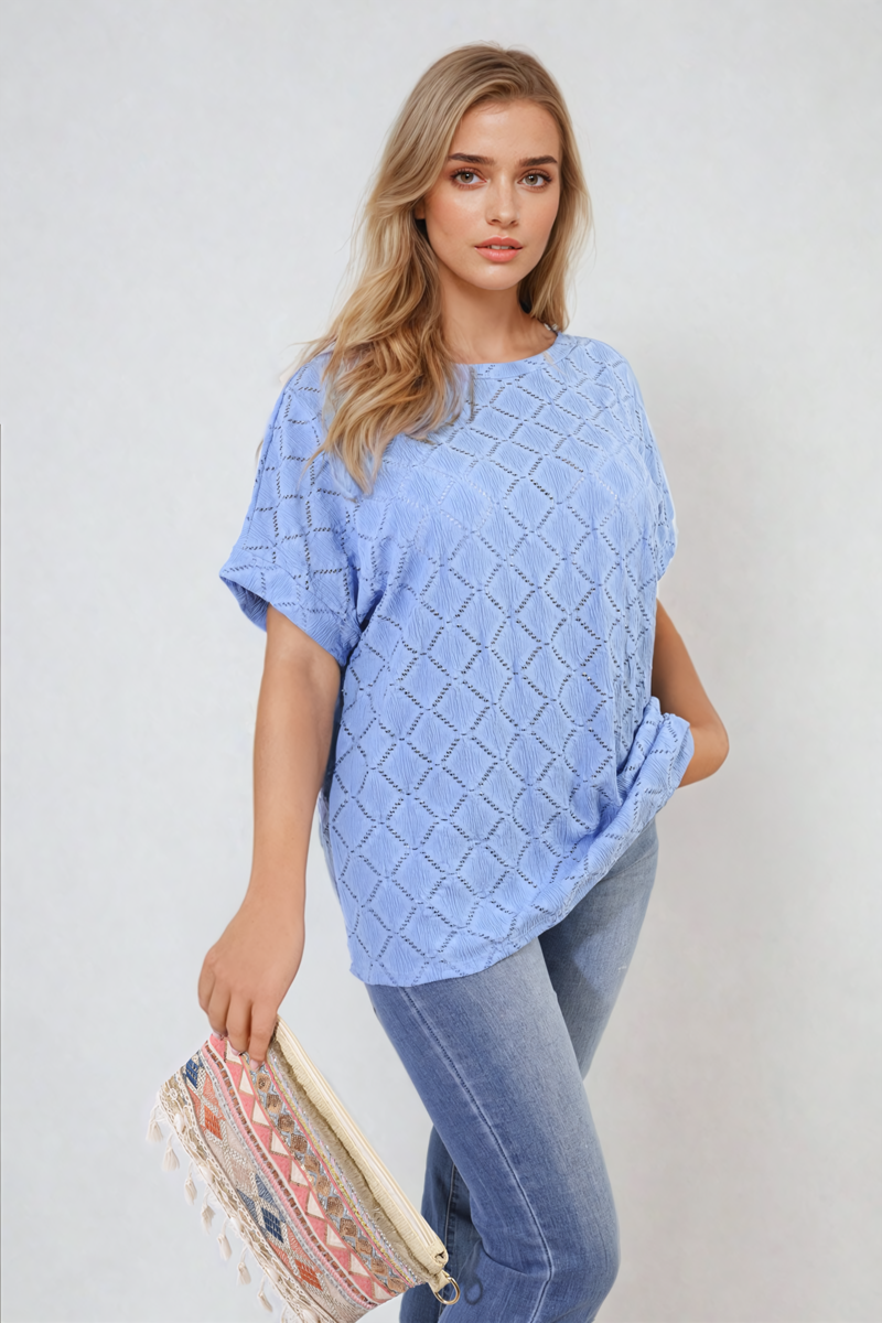 Bow Back Eyelet Details Short Sleeve Oversized Top-10