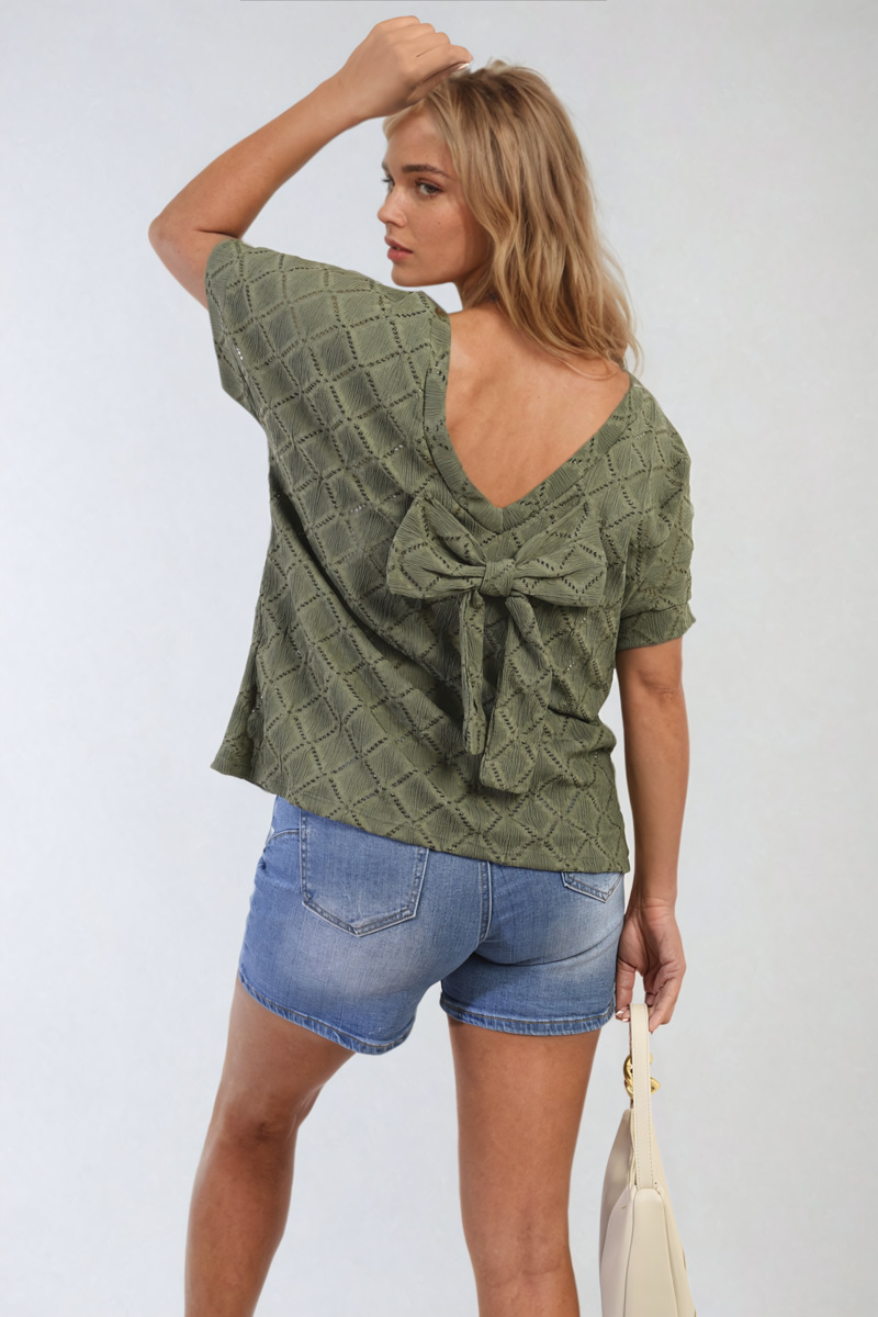 Bow Back Eyelet Details Short Sleeve Oversized Top-9