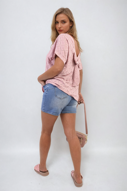 Bow Back Eyelet Details Short Sleeve Oversized Top-0