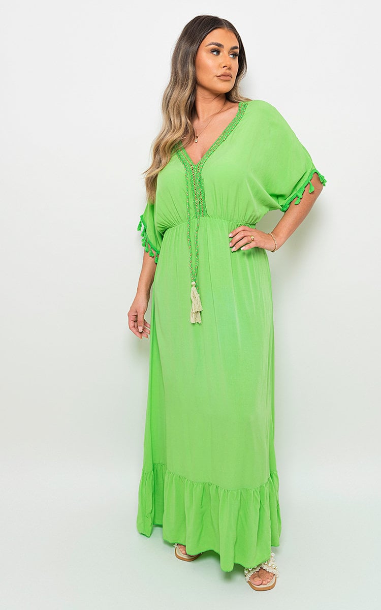 V-Neck Rope Tassel Detail Maxi Dress-5