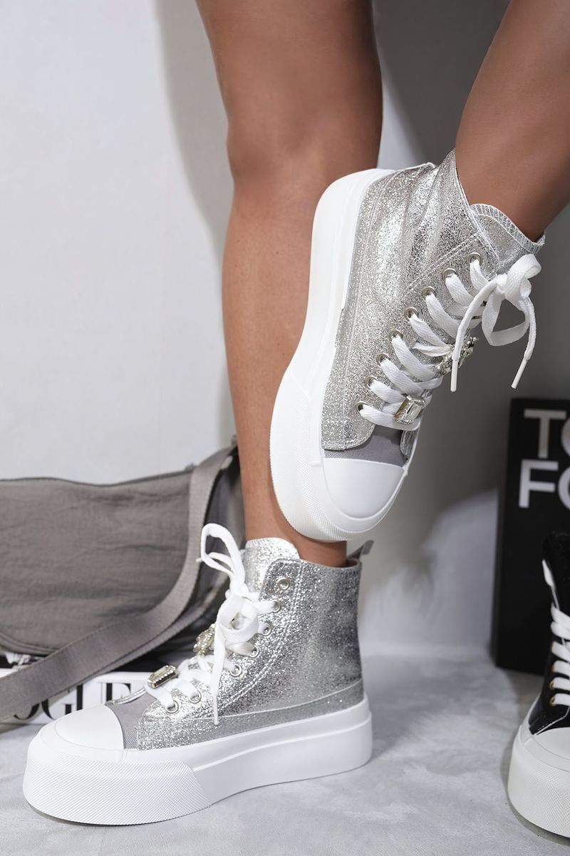 Glitter Lace Up High Top Platform Trainers with Decorative Details-5