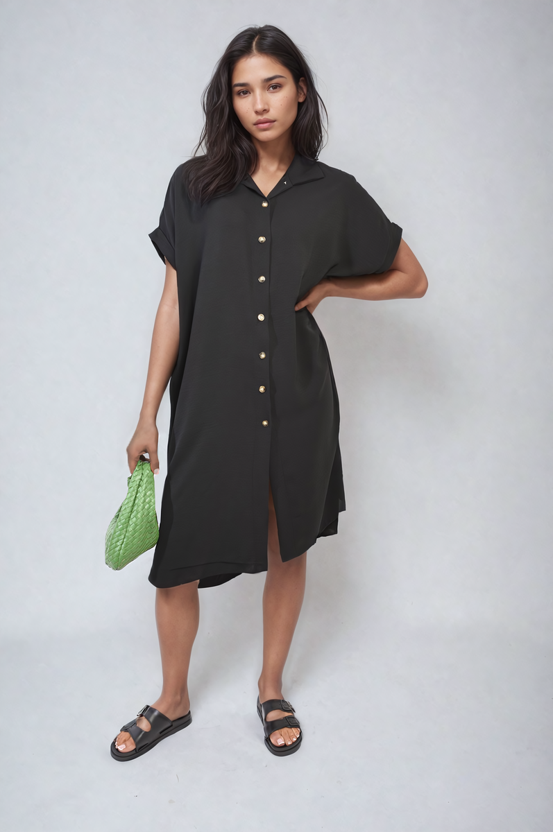 Button Front Shirt Dress-0