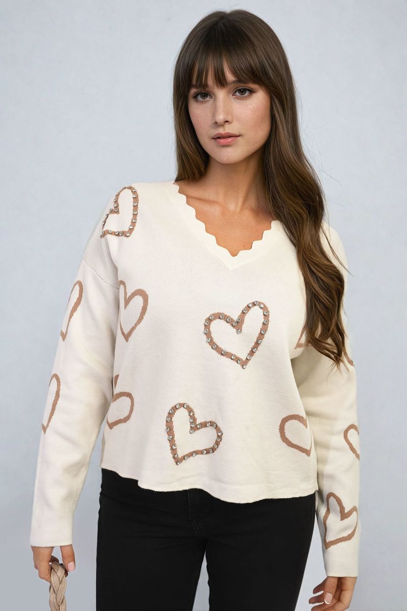 V-neck Embellished Hearts Long Sleeve Knitted Jumper-4