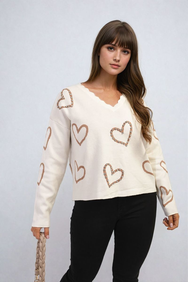 V-neck Embellished Hearts Long Sleeve Knitted Jumper-5