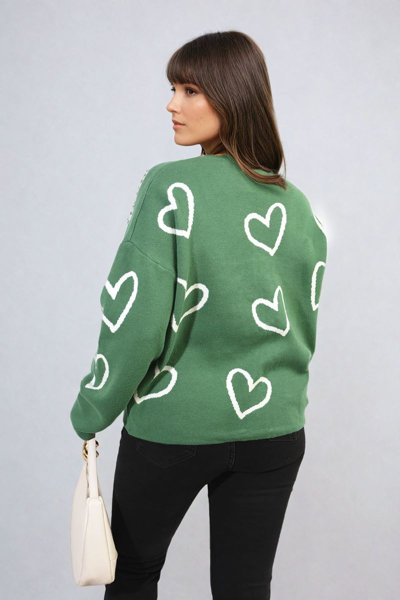 V-neck Embellished Hearts Long Sleeve Knitted Jumper-1