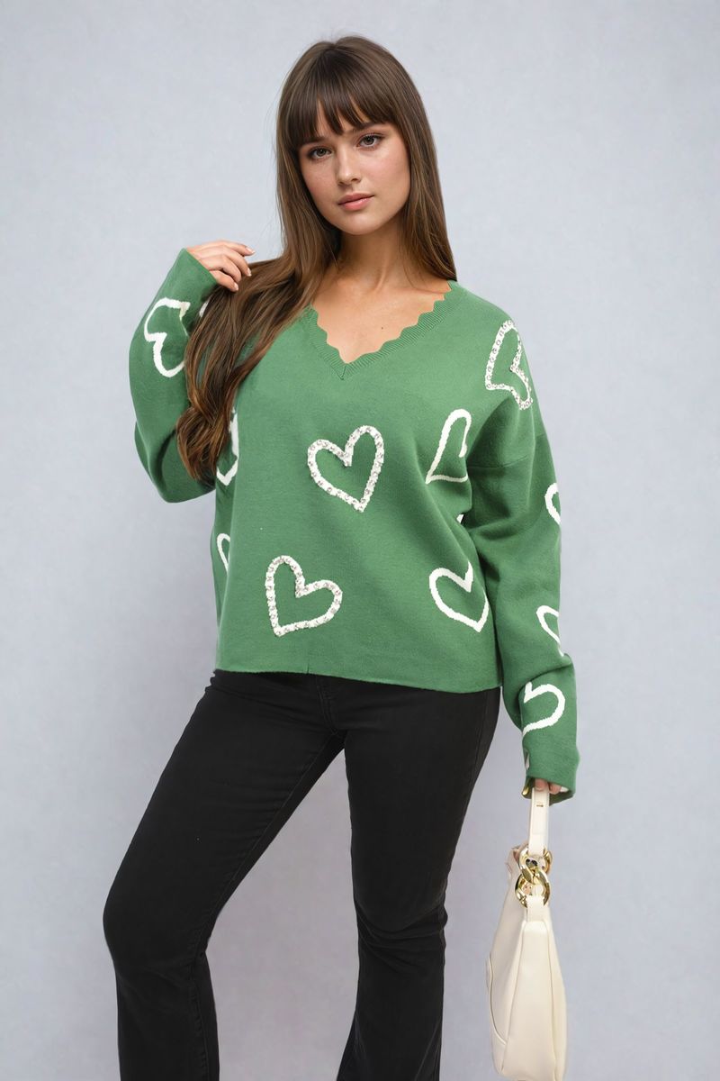 V-neck Embellished Hearts Long Sleeve Knitted Jumper-3