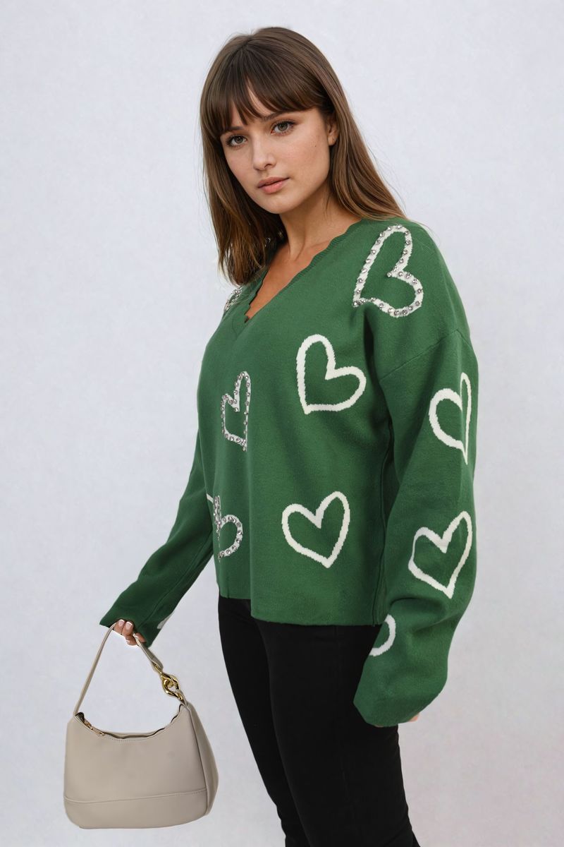 V-neck Embellished Hearts Long Sleeve Knitted Jumper-2