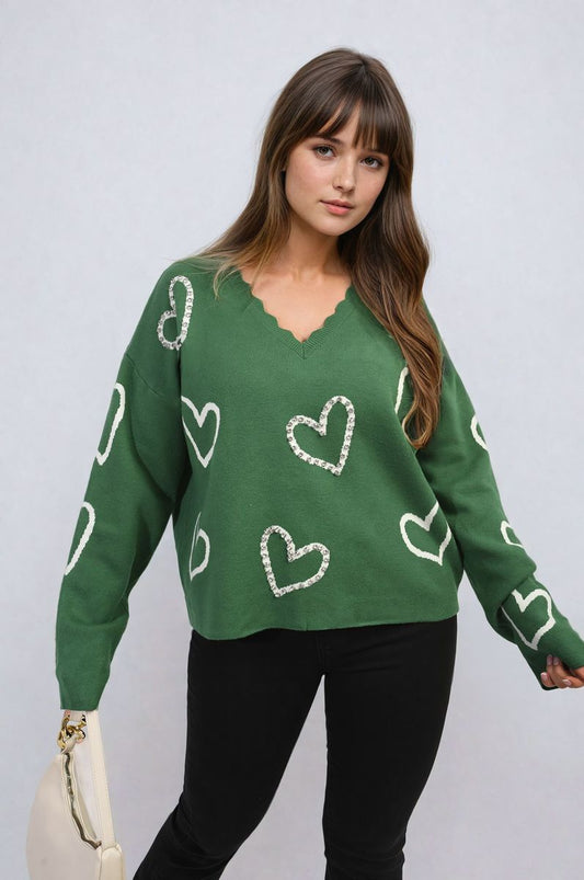 V-neck Embellished Hearts Long Sleeve Knitted Jumper-0