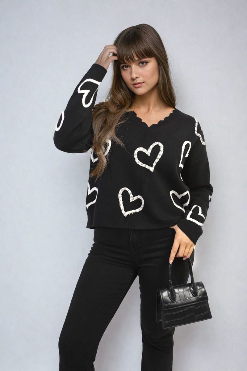 V-neck Embellished Hearts Long Sleeve Knitted Jumper-6