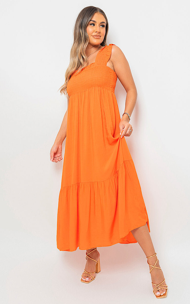 Wide Ruffle Strap Smocked Midi Dress-2